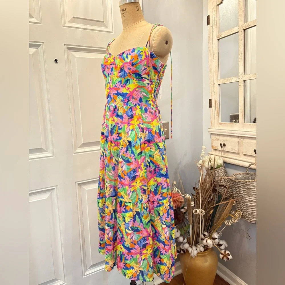 Amanda Uprichard Spaghetti Strap Midi Dress Large Romantic‎ Floral Tropical Chic - Picture 3 of 11